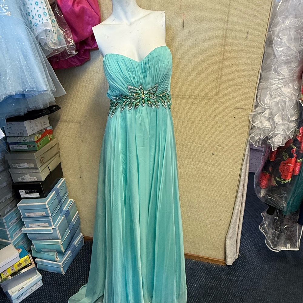 Strapless Mint Prom Dress with Embellished Waist